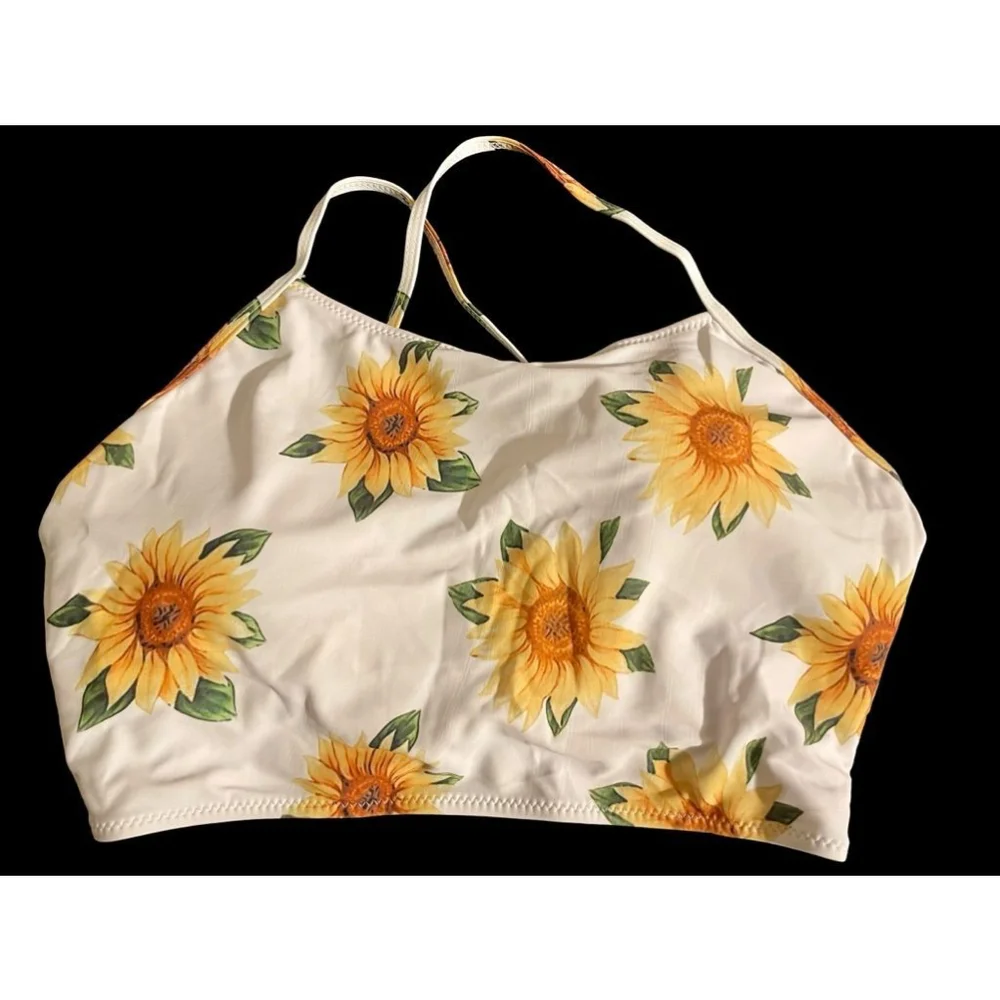 Size 12 Zaful Sunflower High Waist Tummy Control Bikini Set White Green 2383P